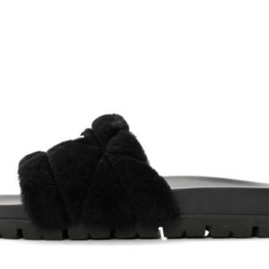 Prada Shearling Metal Triangle Logo Slides
